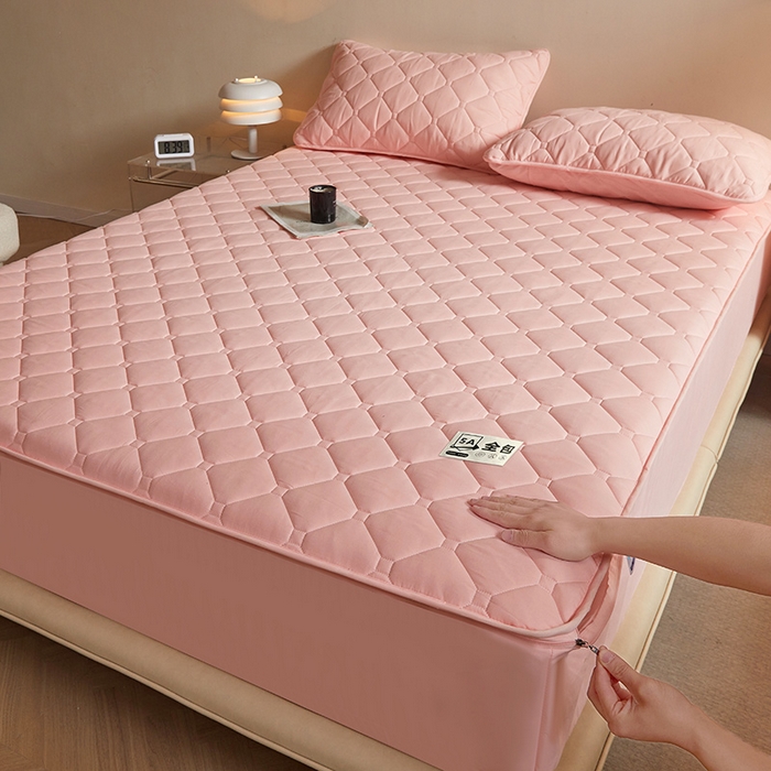 91家纺网 家纺一手货源 找家纺 欧妮家纺 2026新款六面全包夹棉床笠-席梦思保护套 六面全包-粉玉