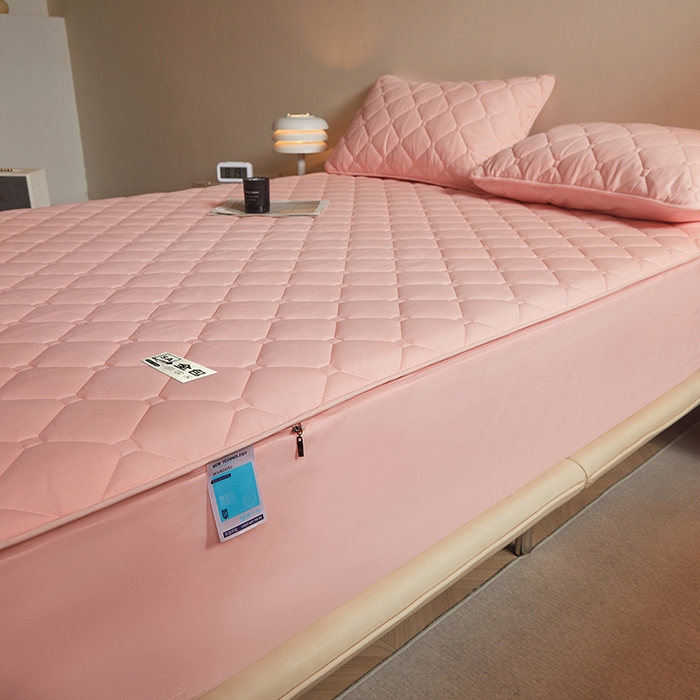 91家纺网 家纺一手货源 找家纺 欧妮家纺 2026新款六面全包夹棉床笠-席梦思保护套 六面全包-粉玉