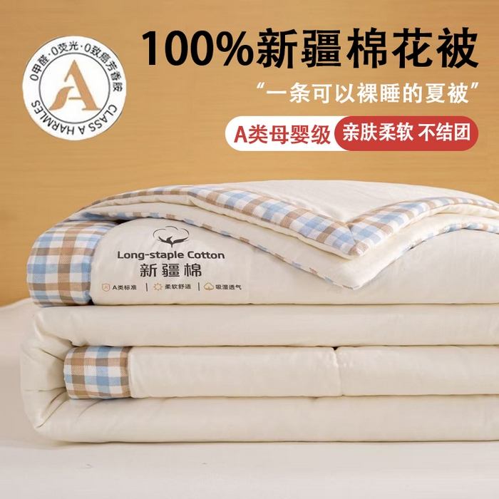 云玲时尚 2026新款水洗棉100%新疆棉花纯色夏被夏凉被空调被 月光白