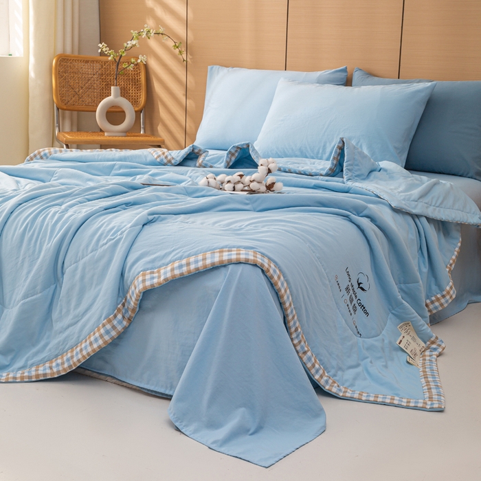91家纺网 家纺一手货源 找家纺 云玲时尚 2026新款水洗棉100%新疆棉花纯色夏被夏凉被空调被 水漾蓝