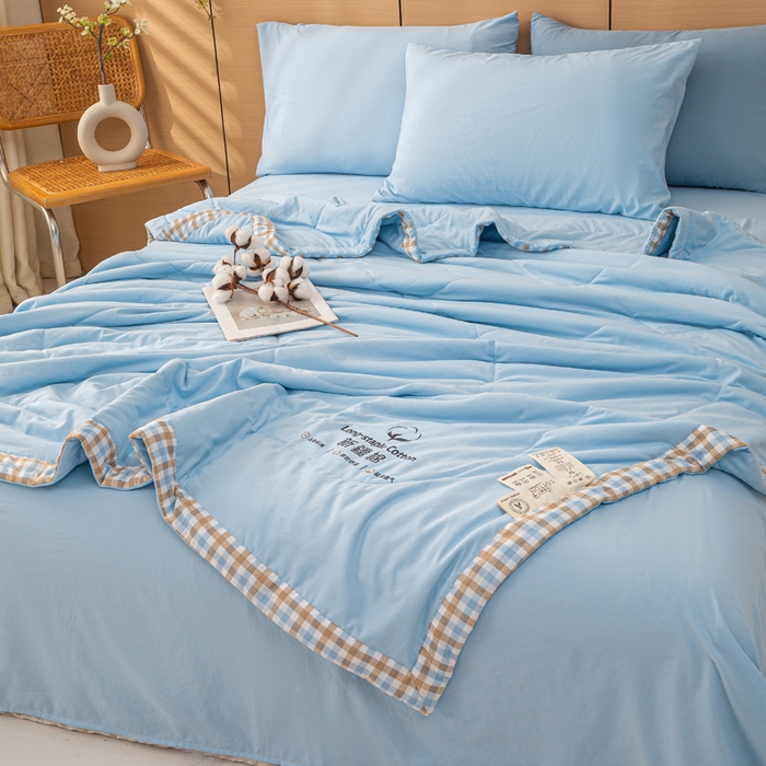 91家纺网 家纺一手货源 找家纺 云玲时尚 2026新款水洗棉100%新疆棉花纯色夏被夏凉被空调被 水漾蓝