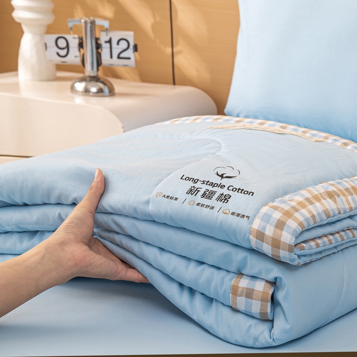 91家纺网 家纺一手货源 找家纺 云玲时尚 2026新款水洗棉100%新疆棉花纯色夏被夏凉被空调被 水漾蓝