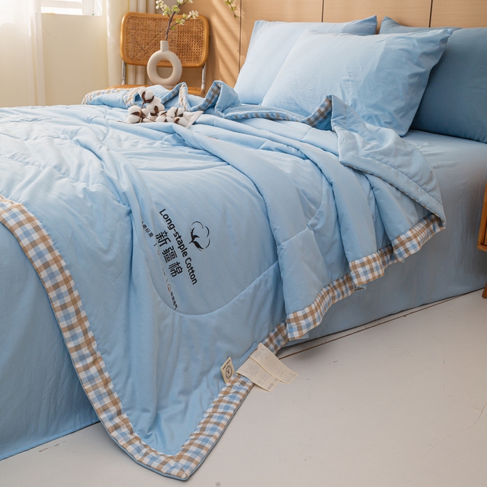 91家纺网 家纺一手货源 找家纺 云玲时尚 2026新款水洗棉100%新疆棉花纯色夏被夏凉被空调被 水漾蓝