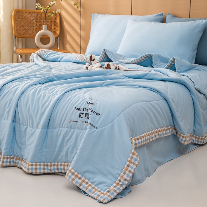 91家纺网 家纺一手货源 找家纺 云玲时尚 2026新款水洗棉100%新疆棉花纯色夏被夏凉被空调被 水漾蓝