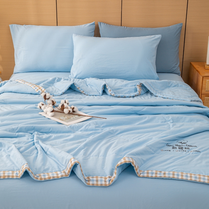 91家纺网 家纺一手货源 找家纺 云玲时尚 2026新款水洗棉100%新疆棉花纯色夏被夏凉被空调被 水漾蓝