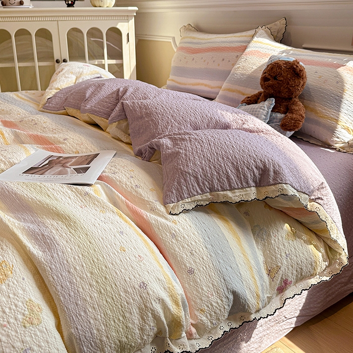 91家纺网 家纺一手货源 找家纺 仟网汇 2026新款法式花边泡芙纱四件套 彩蝶