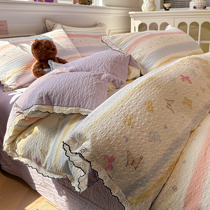 91家纺网 家纺一手货源 找家纺 仟网汇 2026新款法式花边泡芙纱四件套 彩蝶