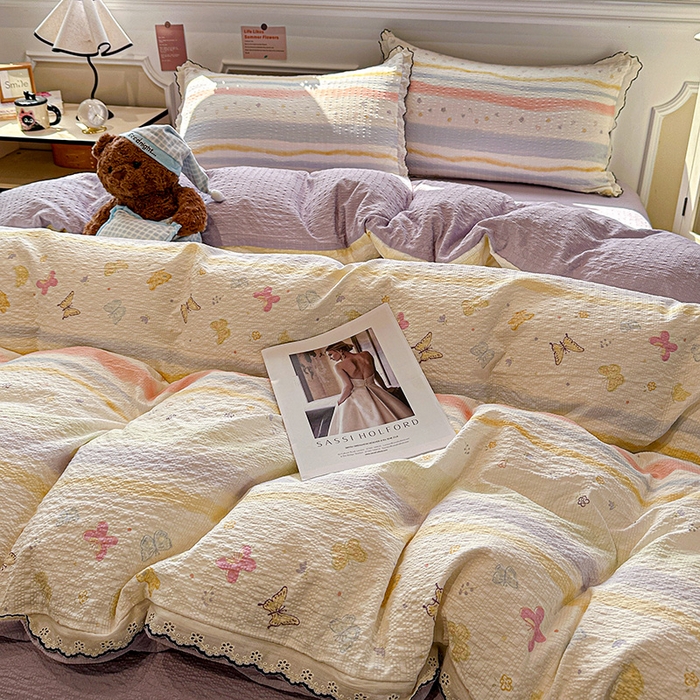 91家纺网 家纺一手货源 找家纺 仟网汇 2026新款法式花边泡芙纱四件套 彩蝶