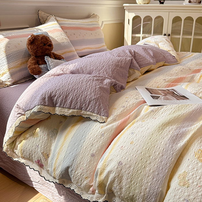 91家纺网 家纺一手货源 找家纺 仟网汇 2026新款法式花边泡芙纱四件套 彩蝶