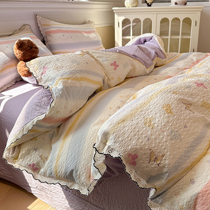 91家纺网 家纺一手货源 找家纺 仟网汇 2026新款法式花边泡芙纱四件套 彩蝶