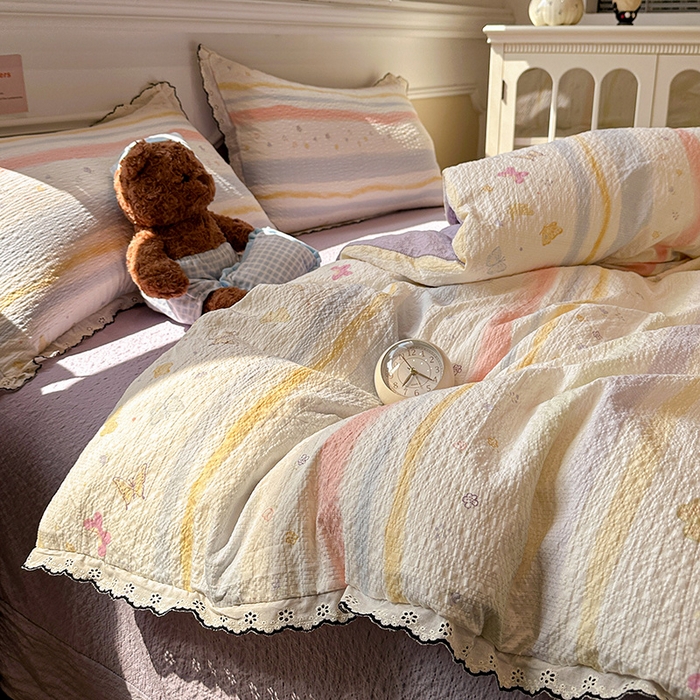 91家纺网 家纺一手货源 找家纺 仟网汇 2026新款法式花边泡芙纱四件套 彩蝶