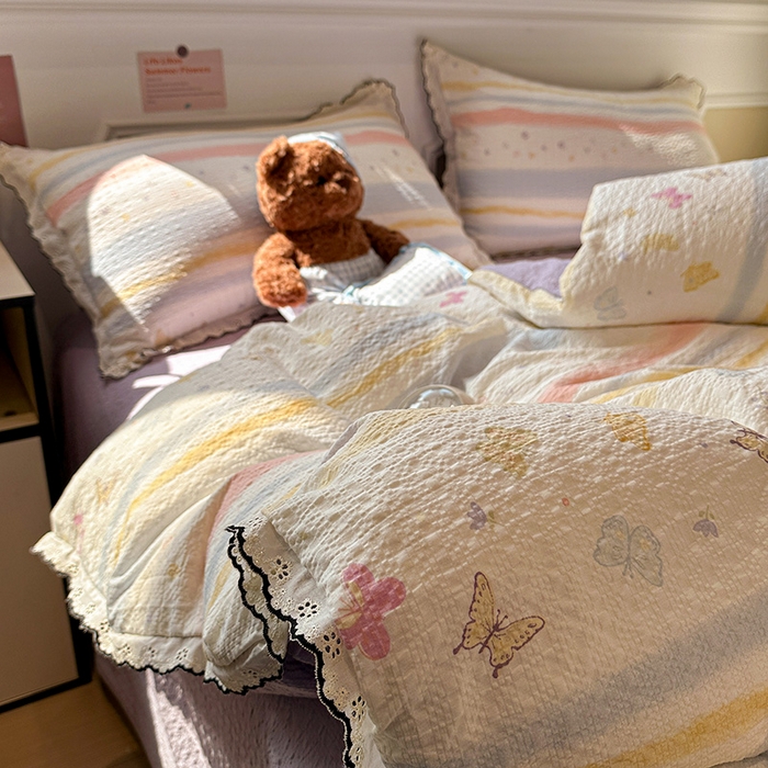 91家纺网 家纺一手货源 找家纺 仟网汇 2026新款法式花边泡芙纱四件套 彩蝶