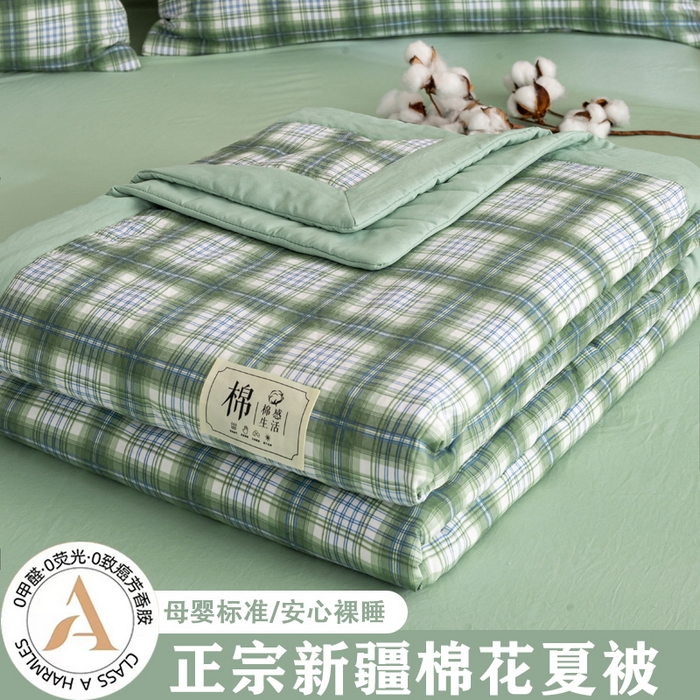 云玲时尚 2026新款无印风新疆棉花格子夏被夏凉被空调被 仙踪绿