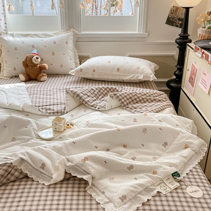 91家纺网 家纺一手货源 找家纺 欧妮家纺 2026新款A类古棉花边夏被空调被子 夏被-奶咖犬格