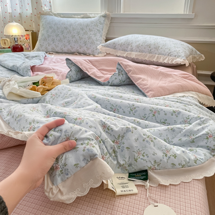 91家纺网 家纺一手货源 找家纺 欧妮家纺 2026新款A类古棉花边夏被空调被子 夏被-花影