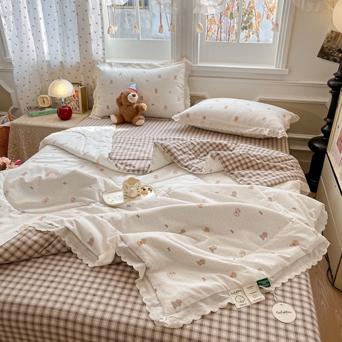 91家纺网 家纺一手货源 找家纺 欧妮家纺 2026新款A类古棉花边夏被空调被子 夏被-奶咖犬格