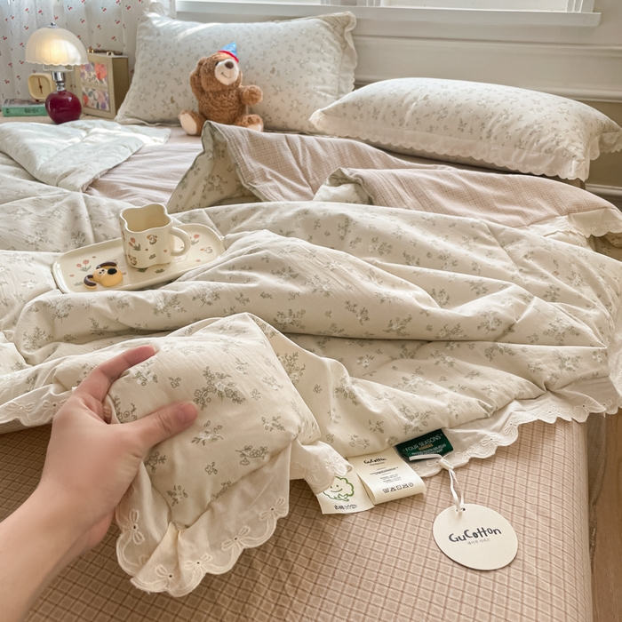 91家纺网 家纺一手货源 找家纺 欧妮家纺 2026新款A类古棉花边夏被空调被子 夏被-兔盯花语