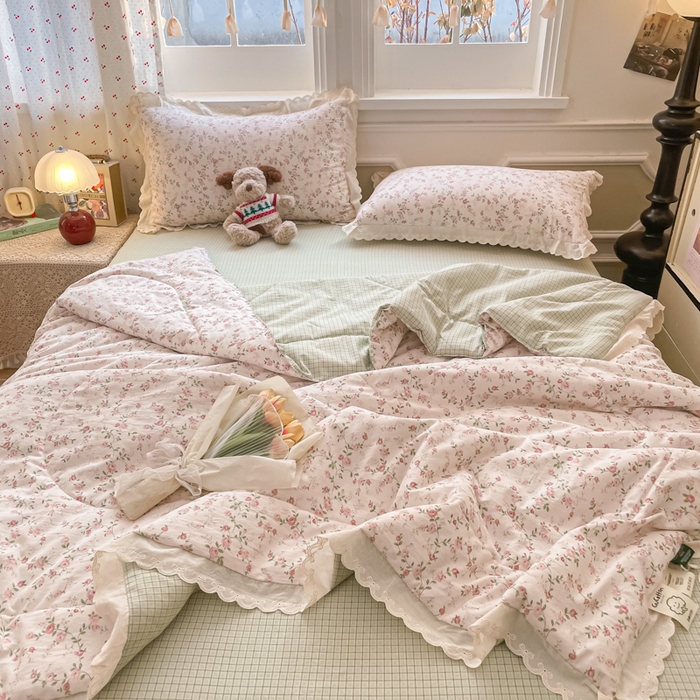 91家纺网 家纺一手货源 找家纺 欧妮家纺 2026新款A类古棉花边夏被空调被子 夏被-粉蔷织