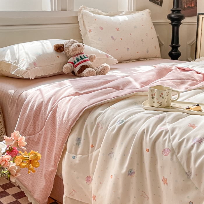 91家纺网 家纺一手货源 找家纺 欧妮家纺 2026新款A类古棉花边夏被空调被子 夏被-粉海星谣