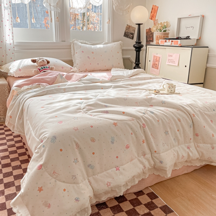 91家纺网 家纺一手货源 找家纺 欧妮家纺 2026新款A类古棉花边夏被空调被子 夏被-粉海星谣