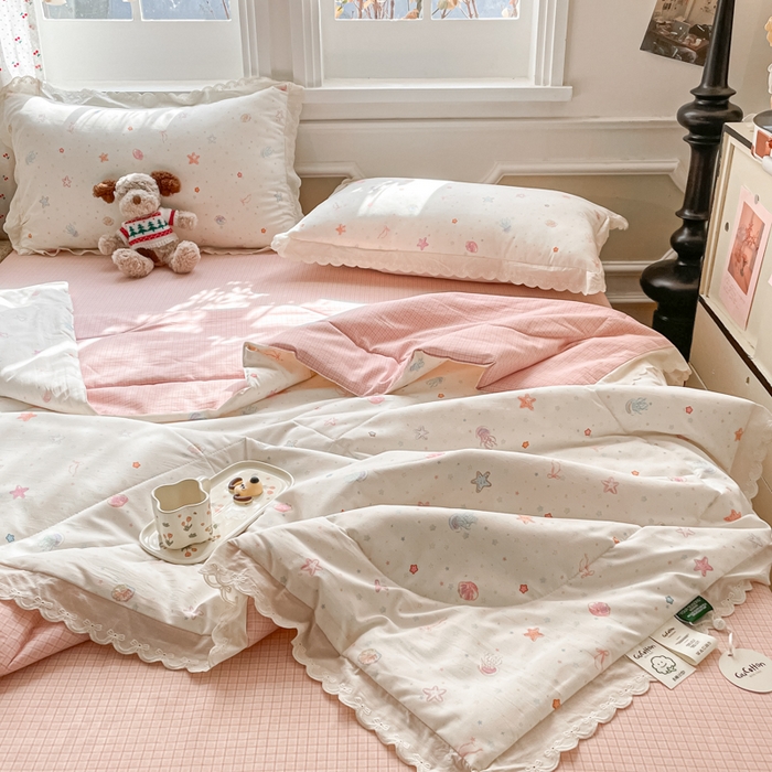 91家纺网 家纺一手货源 找家纺 欧妮家纺 2026新款A类古棉花边夏被空调被子 夏被-粉海星谣