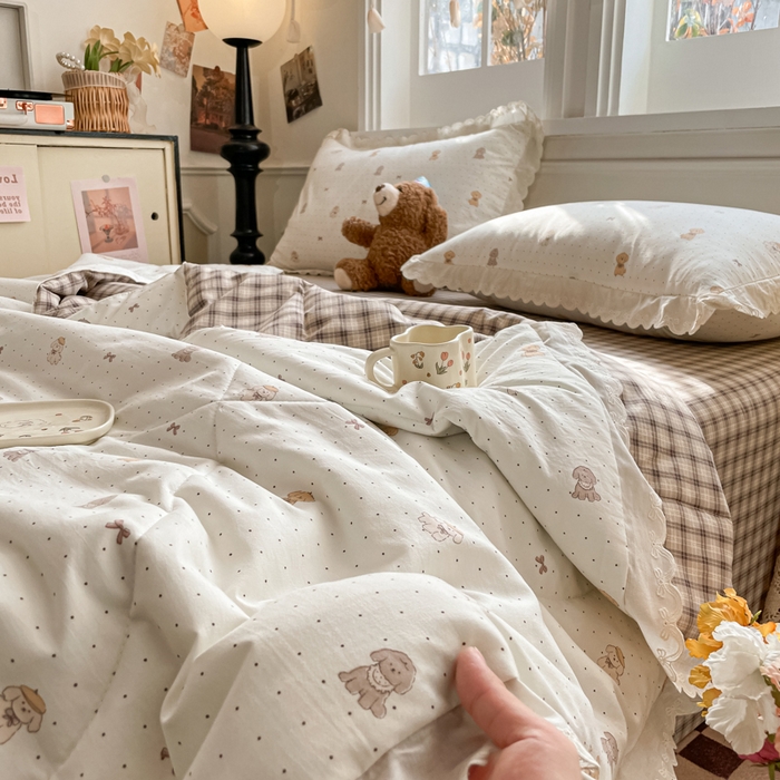 91家纺网 家纺一手货源 找家纺 欧妮家纺 2026新款A类古棉花边夏被空调被子 夏被-奶咖犬格