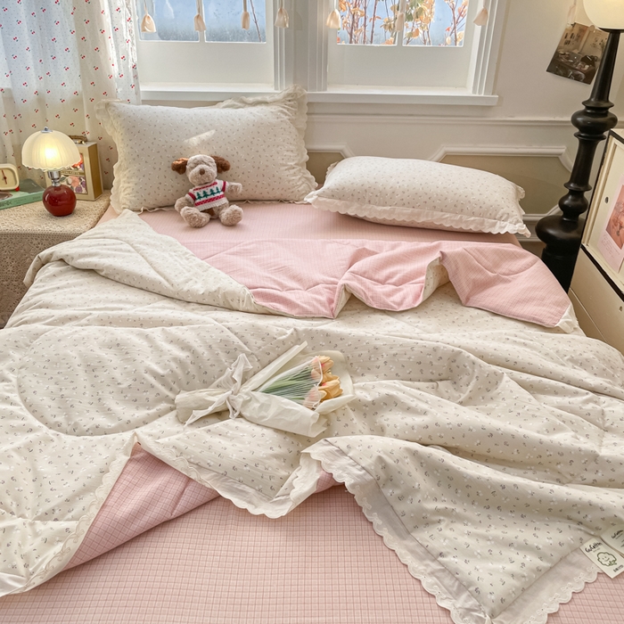 91家纺网 家纺一手货源 找家纺 欧妮家纺 2026新款A类古棉花边夏被空调被子 夏被-杏棠