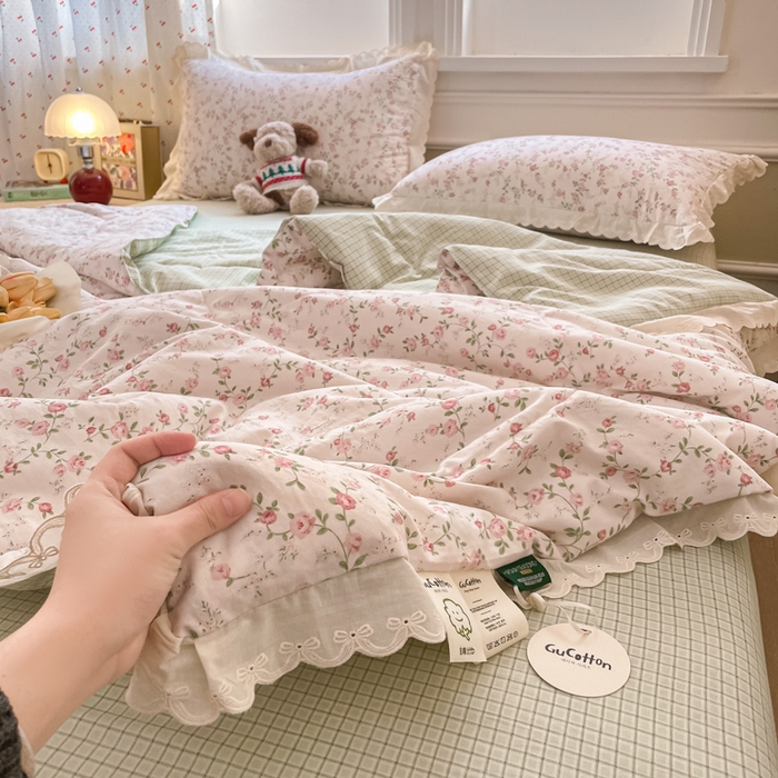 91家纺网 家纺一手货源 找家纺 欧妮家纺 2026新款A类古棉花边夏被空调被子 夏被-粉蔷织