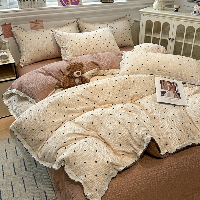 91家纺网 家纺一手货源 找家纺 仟网汇 2026新款法式花边泡芙纱四件套 焦糖豆豆