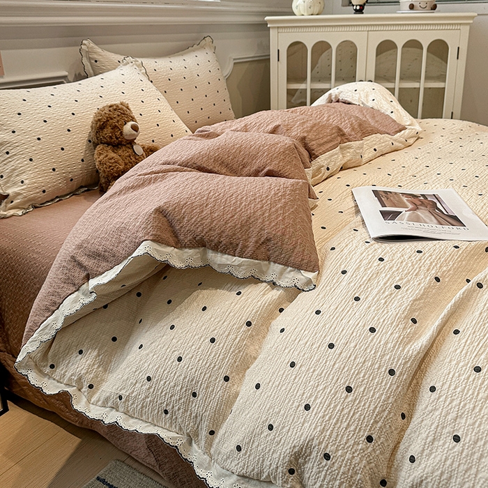 91家纺网 家纺一手货源 找家纺 仟网汇 2026新款法式花边泡芙纱四件套 焦糖豆豆