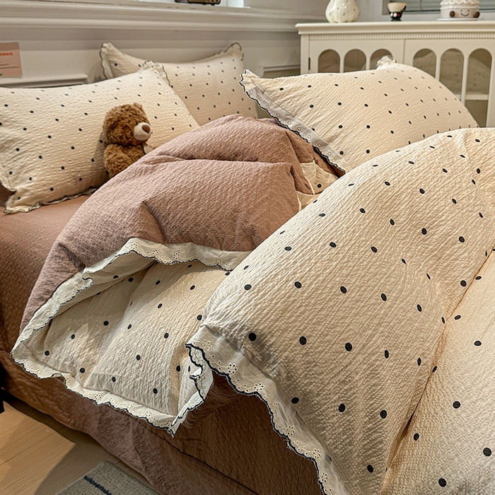 91家纺网 家纺一手货源 找家纺 仟网汇 2026新款法式花边泡芙纱四件套 焦糖豆豆