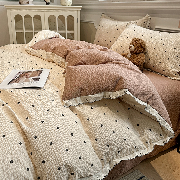 91家纺网 家纺一手货源 找家纺 仟网汇 2026新款法式花边泡芙纱四件套 焦糖豆豆