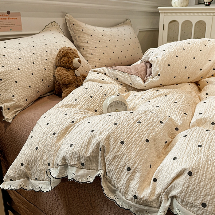 91家纺网 家纺一手货源 找家纺 仟网汇 2026新款法式花边泡芙纱四件套 焦糖豆豆