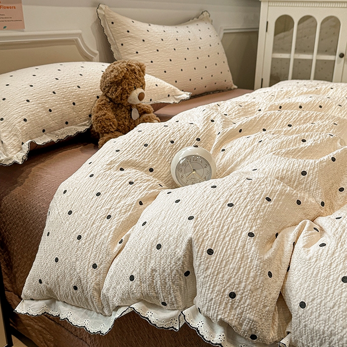 91家纺网 家纺一手货源 找家纺 仟网汇 2026新款法式花边泡芙纱四件套 焦糖豆豆