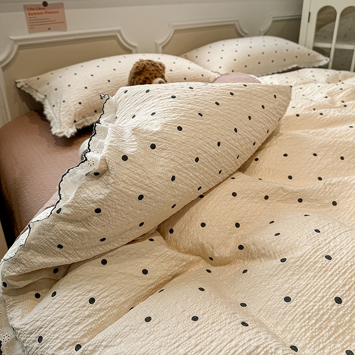 91家纺网 家纺一手货源 找家纺 仟网汇 2026新款法式花边泡芙纱四件套 焦糖豆豆