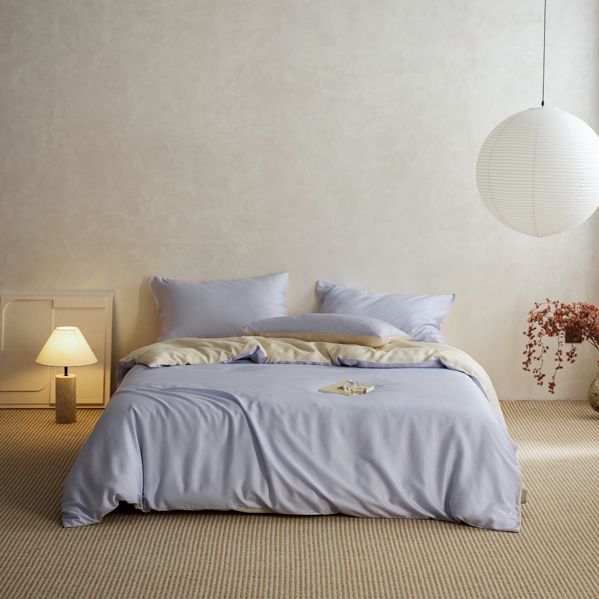 91家纺网 家纺一手货源 找家纺 千朵森 2026新款50S素色双拼莱塞尔夏凉四件套 薄荷蓝配米月黄