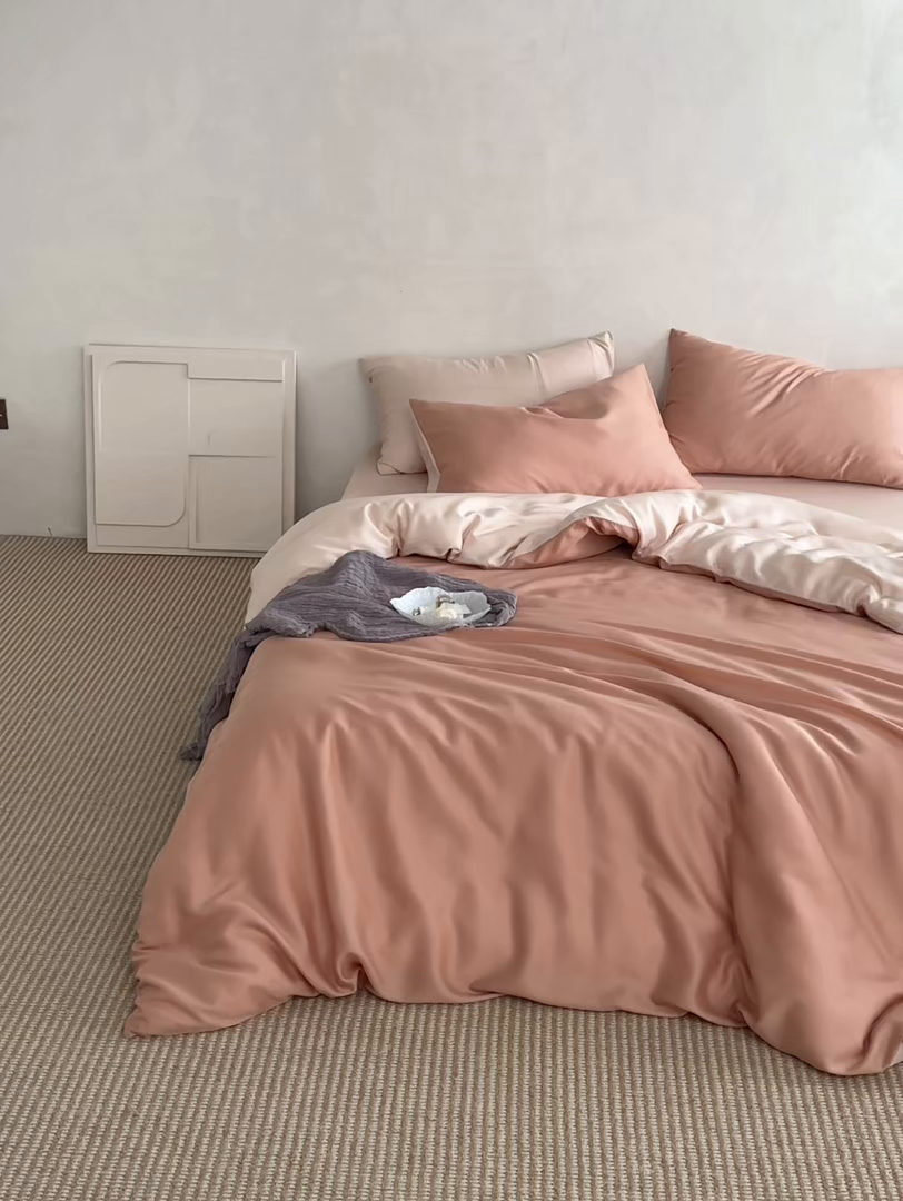 91家纺网 家纺一手货源 找家纺 千朵森 2026新款50S素色双拼莱塞尔夏凉四件套 陶瓷棕配杏仁米