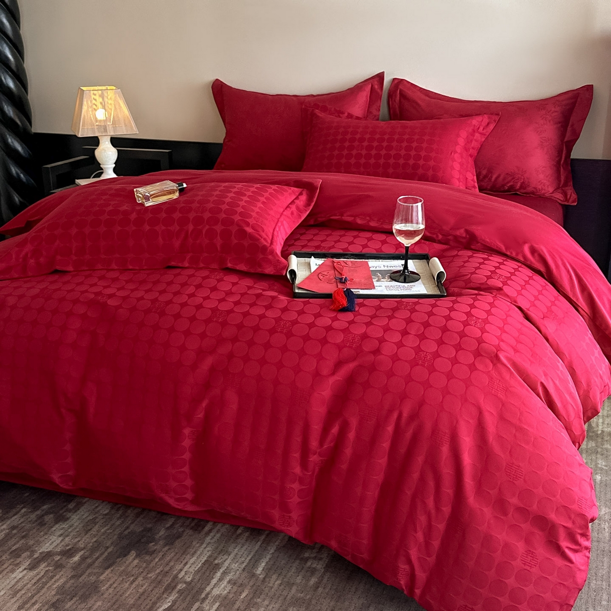 91家纺网 家纺一手货源 找家纺 （总）ONE TWO ONE 121 【控价商品】【提供买家秀】  2026全棉100s长绒棉50支床上用品结婚大红色婚庆四件套提花