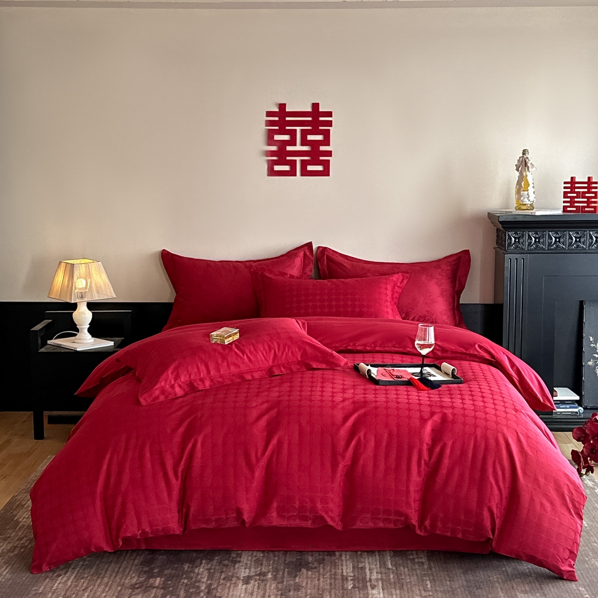 91家纺网 家纺一手货源 找家纺 （总）ONE TWO ONE 121 【控价商品】【提供买家秀】  2026全棉100s长绒棉50支床上用品结婚大红色婚庆四件套提花