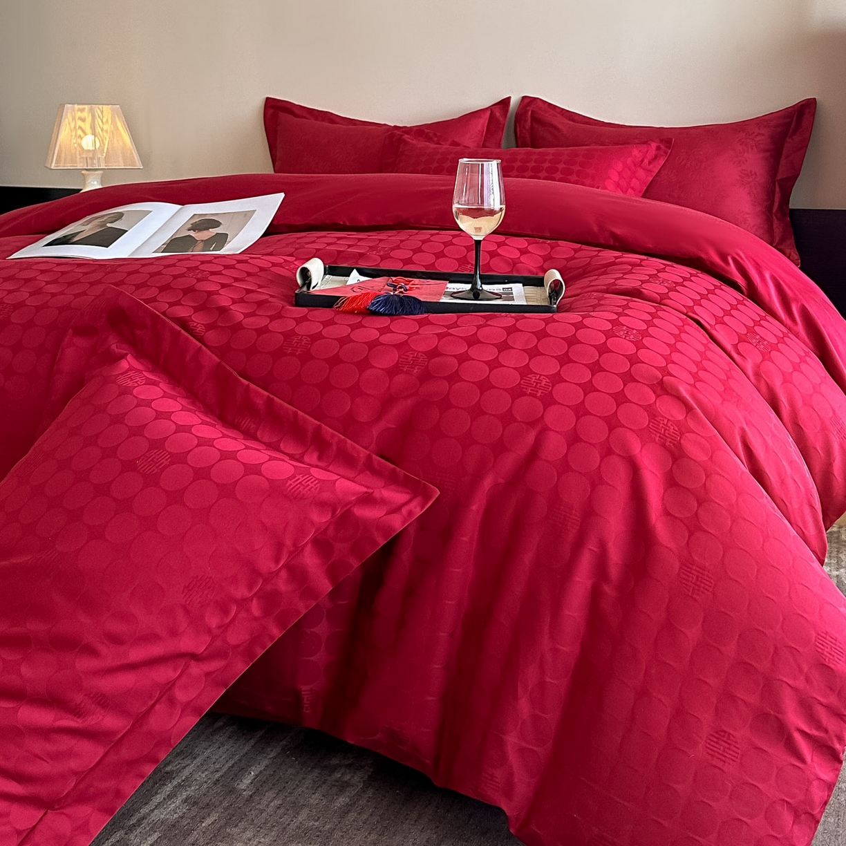 91家纺网 家纺一手货源 找家纺 （总）ONE TWO ONE 121 【控价商品】【提供买家秀】  2026全棉100s长绒棉50支床上用品结婚大红色婚庆四件套提花