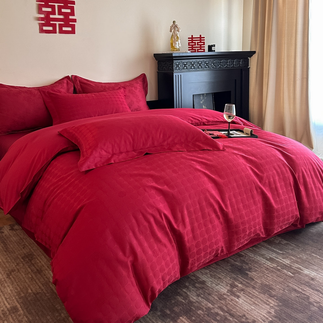 91家纺网 家纺一手货源 找家纺 （总）ONE TWO ONE 121 【控价商品】【提供买家秀】  2026全棉100s长绒棉50支床上用品结婚大红色婚庆四件套提花