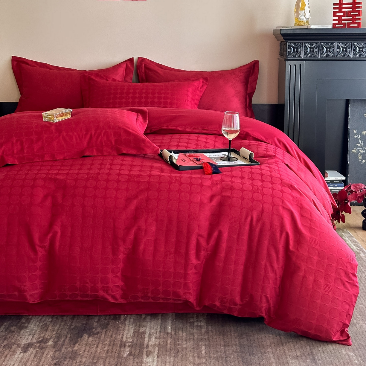 91家纺网 家纺一手货源 找家纺 （总）ONE TWO ONE 121 【控价商品】【提供买家秀】  2026全棉100s长绒棉50支床上用品结婚大红色婚庆四件套提花