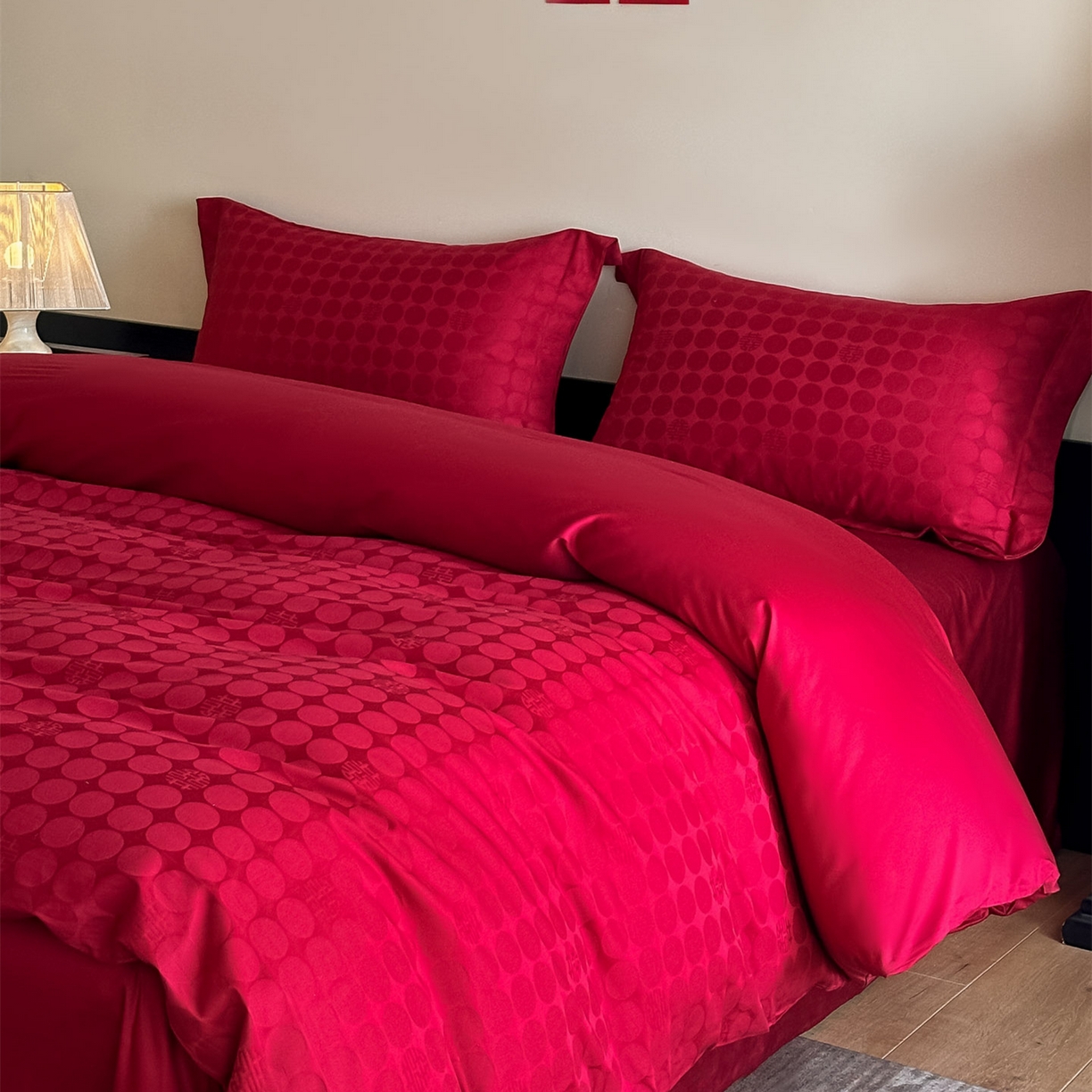 91家纺网 家纺一手货源 找家纺 （总）ONE TWO ONE 121 【控价商品】【提供买家秀】  2026全棉100s长绒棉50支床上用品结婚大红色婚庆四件套提花