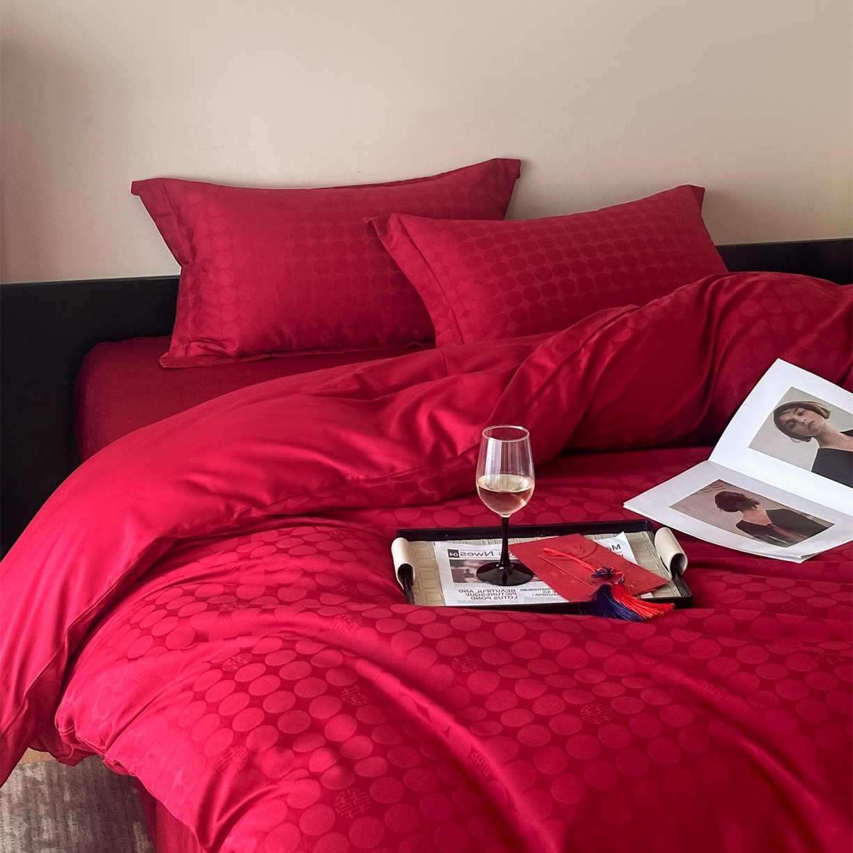 91家纺网 家纺一手货源 找家纺 （总）ONE TWO ONE 121 【控价商品】【提供买家秀】  2026全棉100s长绒棉50支床上用品结婚大红色婚庆四件套提花