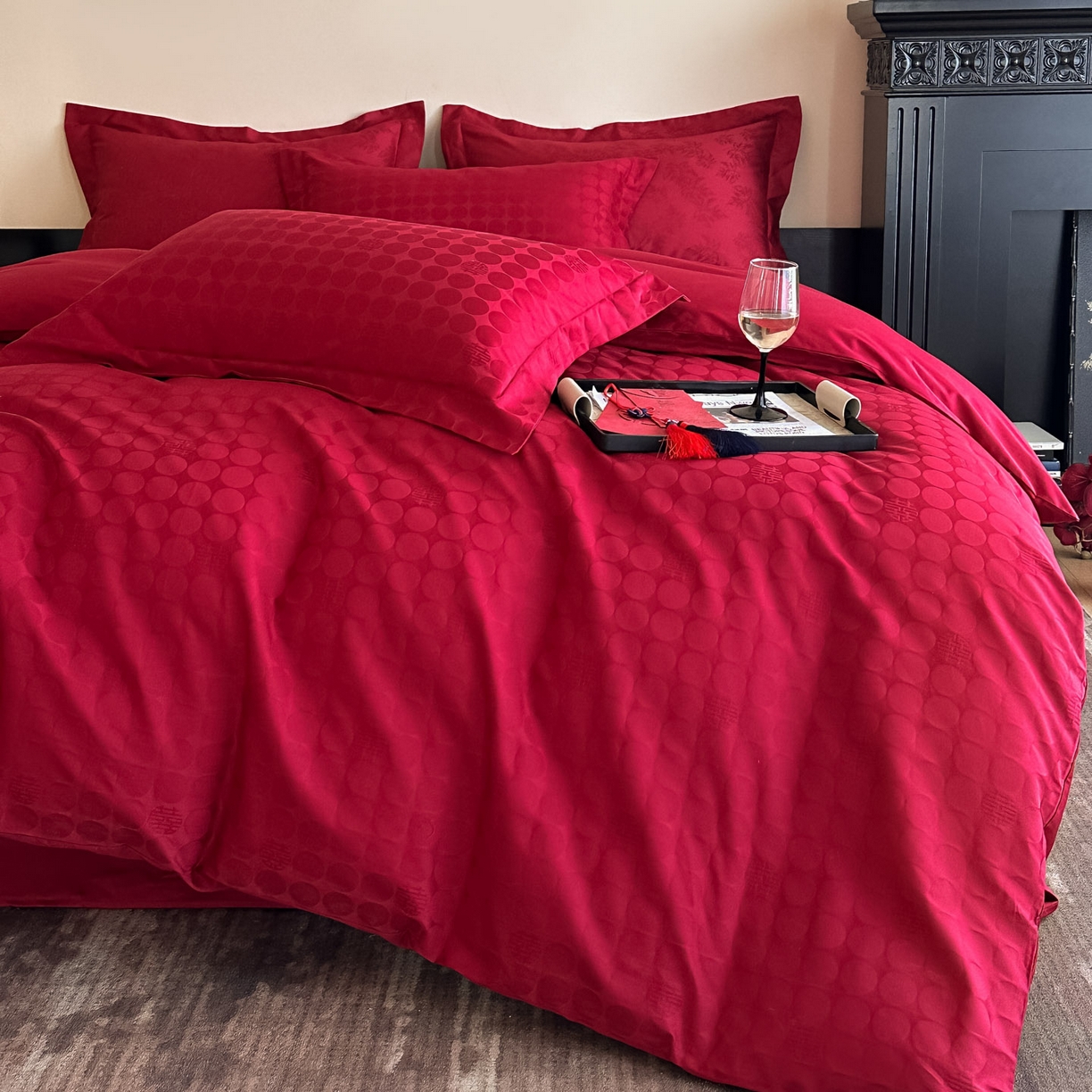 91家纺网 家纺一手货源 找家纺 （总）ONE TWO ONE 121 【控价商品】【提供买家秀】  2026全棉100s长绒棉50支床上用品结婚大红色婚庆四件套提花