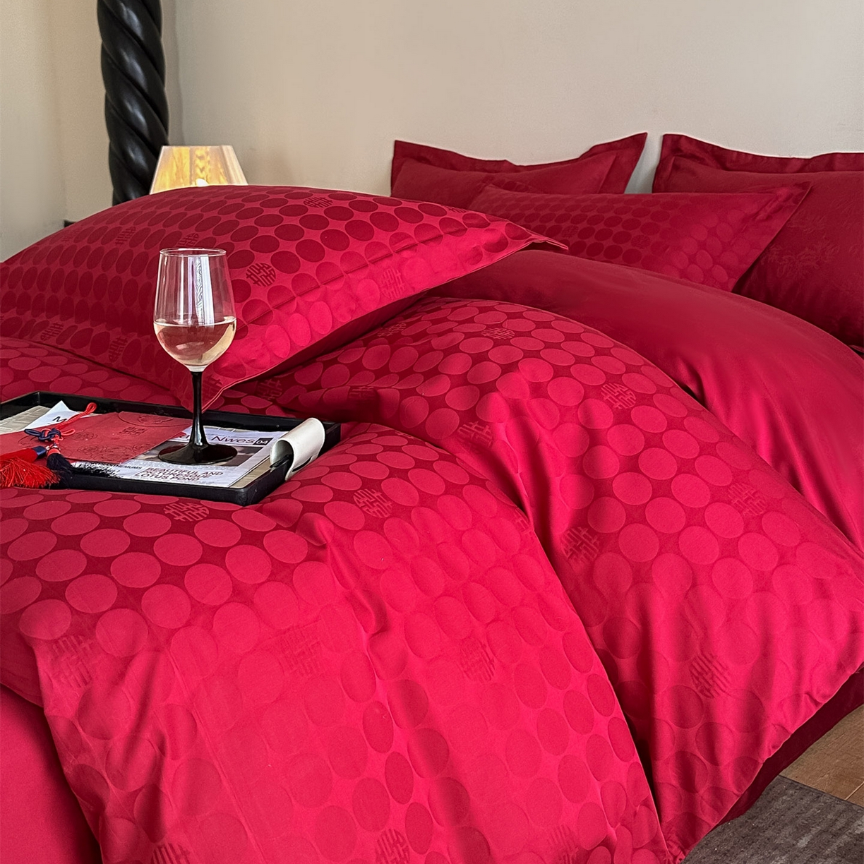 91家纺网 家纺一手货源 找家纺 （总）ONE TWO ONE 121 【控价商品】【提供买家秀】  2026全棉100s长绒棉50支床上用品结婚大红色婚庆四件套提花