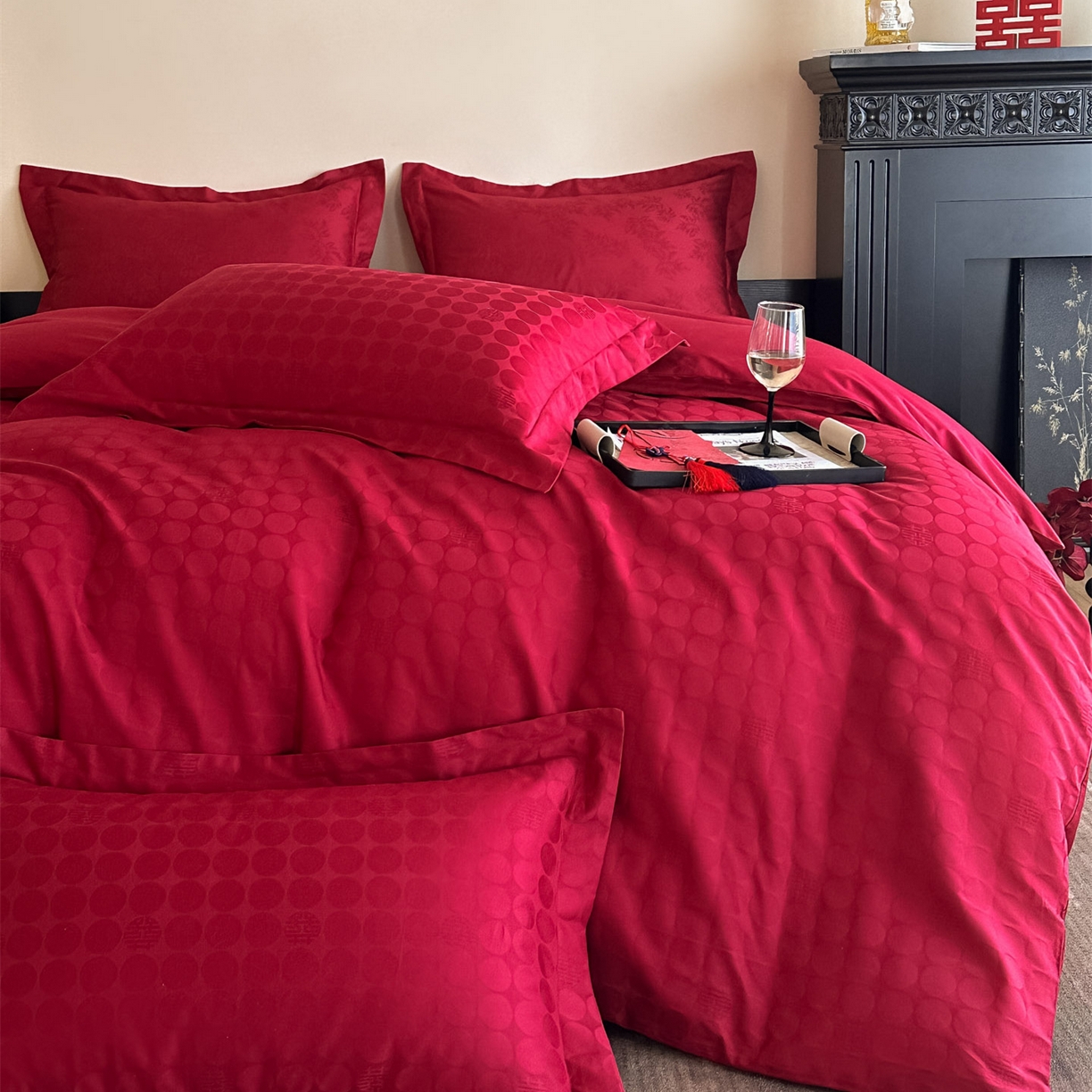 91家纺网 家纺一手货源 找家纺 （总）ONE TWO ONE 121 【控价商品】【提供买家秀】  2026全棉100s长绒棉50支床上用品结婚大红色婚庆四件套提花