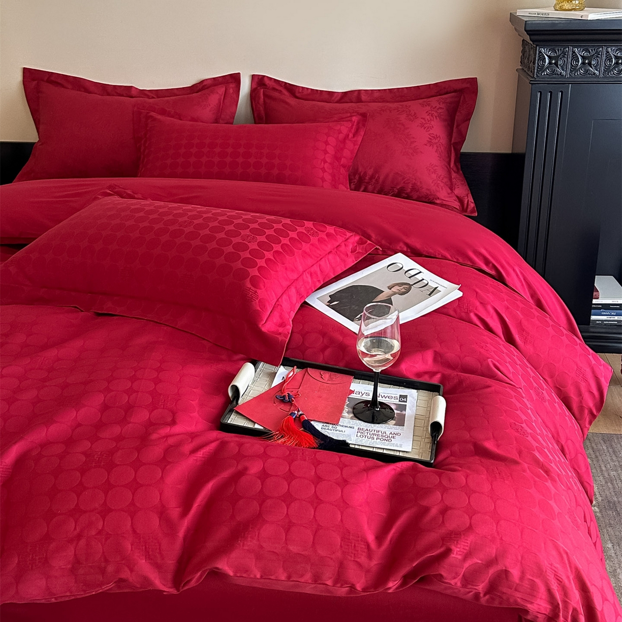 91家纺网 家纺一手货源 找家纺 （总）ONE TWO ONE 121 【控价商品】【提供买家秀】  2026全棉100s长绒棉50支床上用品结婚大红色婚庆四件套提花