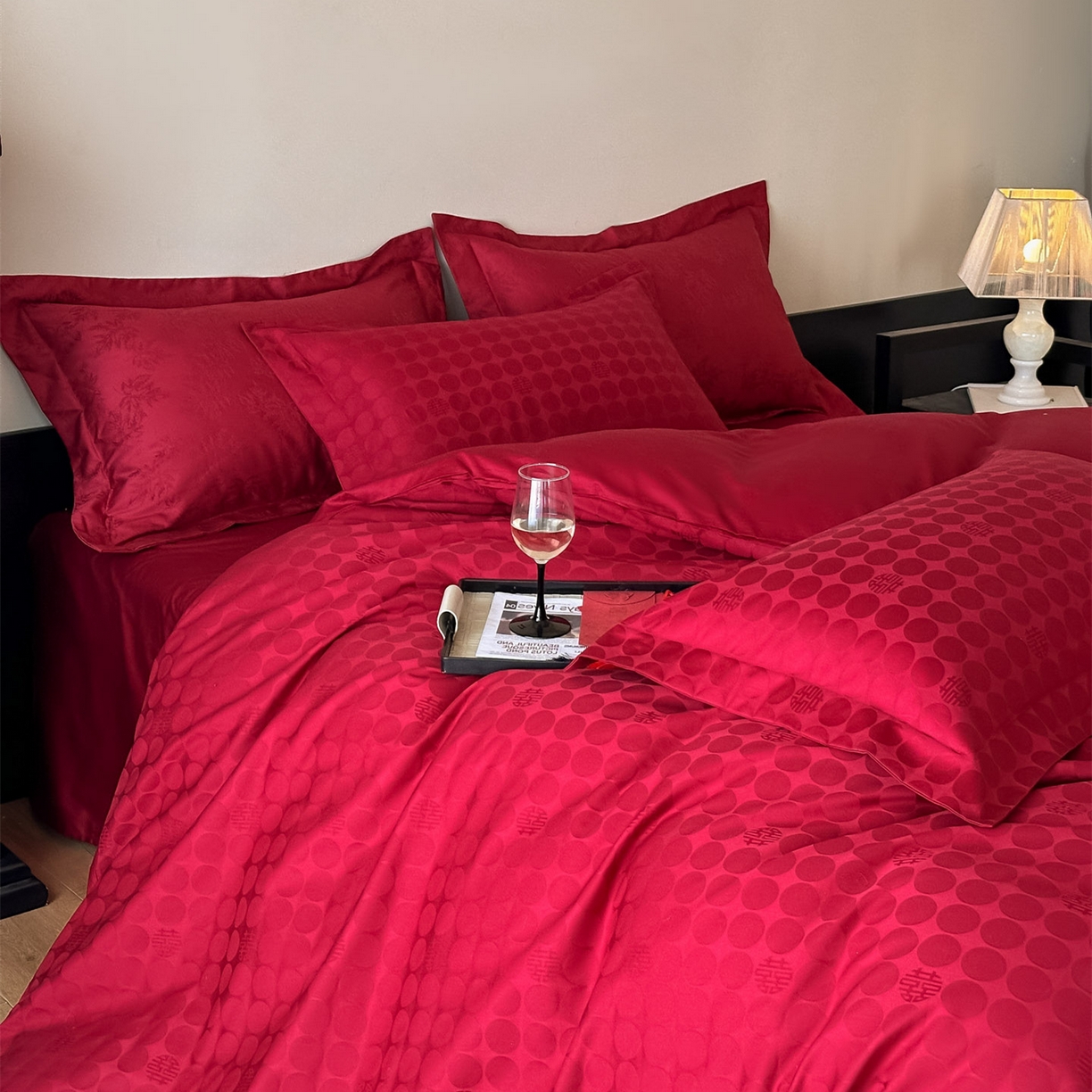 91家纺网 家纺一手货源 找家纺 （总）ONE TWO ONE 121 【控价商品】【提供买家秀】  2026全棉100s长绒棉50支床上用品结婚大红色婚庆四件套提花