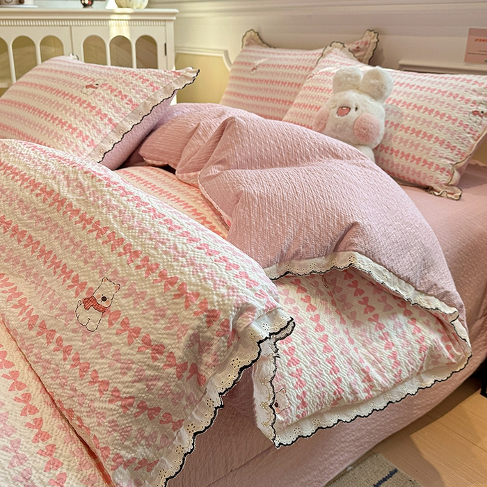 91家纺网 家纺一手货源 找家纺 仟网汇 2026新款法式花边泡芙纱四件套 奶芙小狗